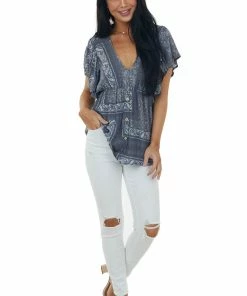 SugarFox Tops Graphite Printed V Neck Babydoll Blouse