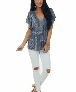 SugarFox Tops Graphite Printed V Neck Babydoll Blouse