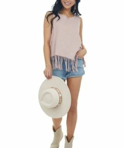 Umgee Tops Hazy Blush Heathered Knit Tank Top With Fringe