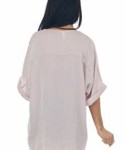 Glam Hazy Blush High Low Hem V Neck Wide Fit Blouse Tops