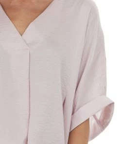 Glam Hazy Blush High Low Hem V Neck Wide Fit Blouse Tops