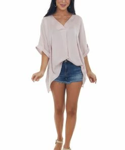 Glam Hazy Blush High Low Hem V Neck Wide Fit Blouse Tops