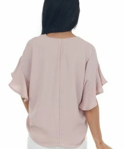 She + Sky Hazy Blush Ruched Ruffle Sleeve V Neck Blouse