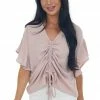 She + Sky Hazy Blush Ruched Ruffle Sleeve V Neck Blouse