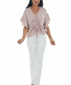 She + Sky Hazy Blush Ruched Ruffle Sleeve V Neck Blouse