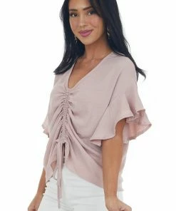 She + Sky Hazy Blush Ruched Ruffle Sleeve V Neck Blouse