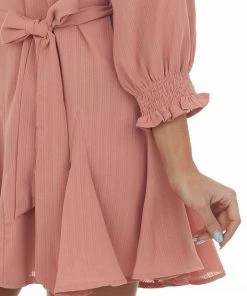 Umgee Hazy Coral Bubble Sleeve Flounce Hem Godet Dress Dresses 13 Umgee Hazy Coral Bubble Sleeve Flounce Hem Godet Dress Dresses