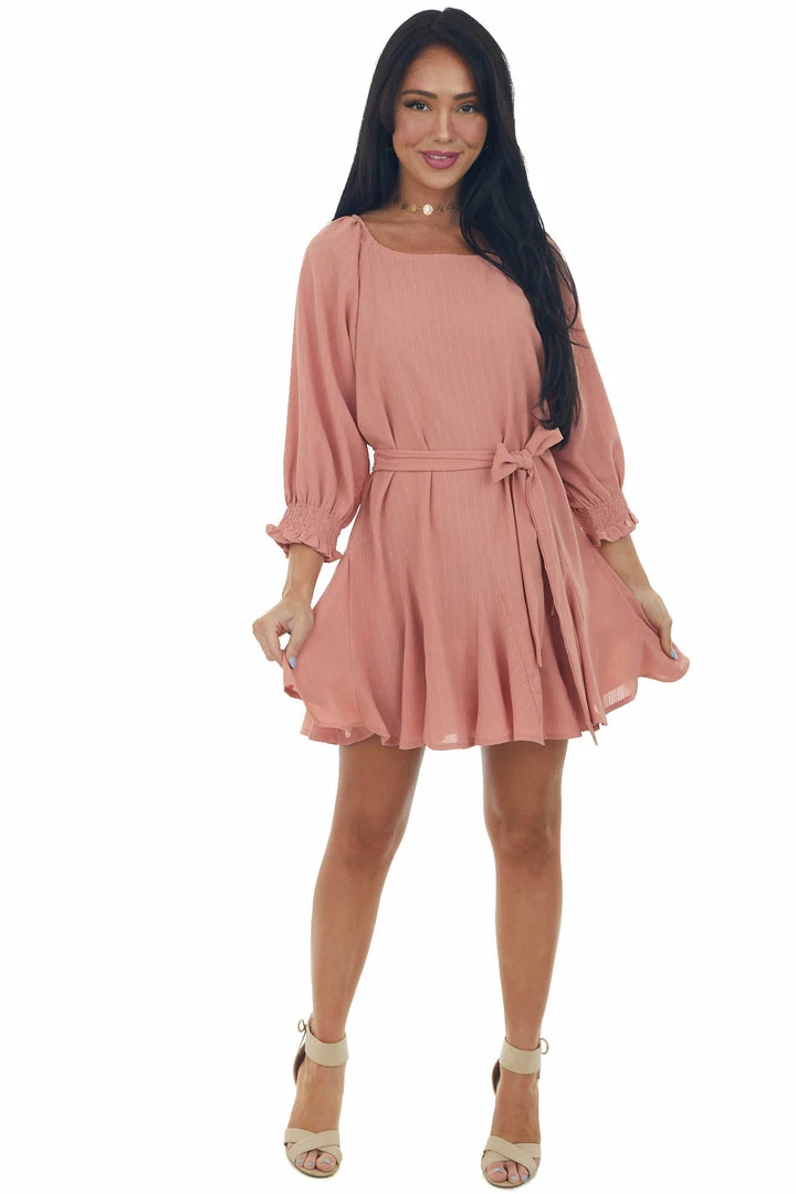 Umgee Hazy Coral Bubble Sleeve Flounce Hem Godet Dress Dresses 4 Umgee Hazy Coral Bubble Sleeve Flounce Hem Godet Dress Dresses