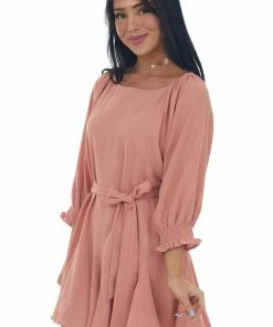 Umgee Hazy Coral Bubble Sleeve Flounce Hem Godet Dress Dresses 11 Umgee Hazy Coral Bubble Sleeve Flounce Hem Godet Dress Dresses