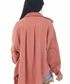 ZENANA Hazy Coral Elbow Patch Soft Fleece Shacket 12 ZENANA Hazy Coral Elbow Patch Soft Fleece Shacket