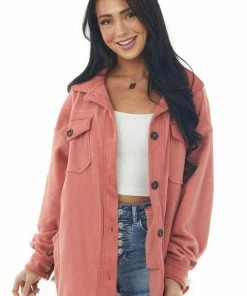 ZENANA Hazy Coral Elbow Patch Soft Fleece Shacket