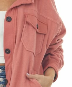 ZENANA Hazy Coral Elbow Patch Soft Fleece Shacket 13 ZENANA Hazy Coral Elbow Patch Soft Fleece Shacket