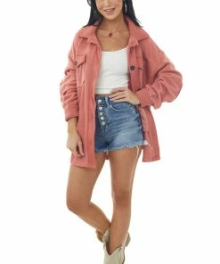 ZENANA Hazy Coral Elbow Patch Soft Fleece Shacket 10 ZENANA Hazy Coral Elbow Patch Soft Fleece Shacket