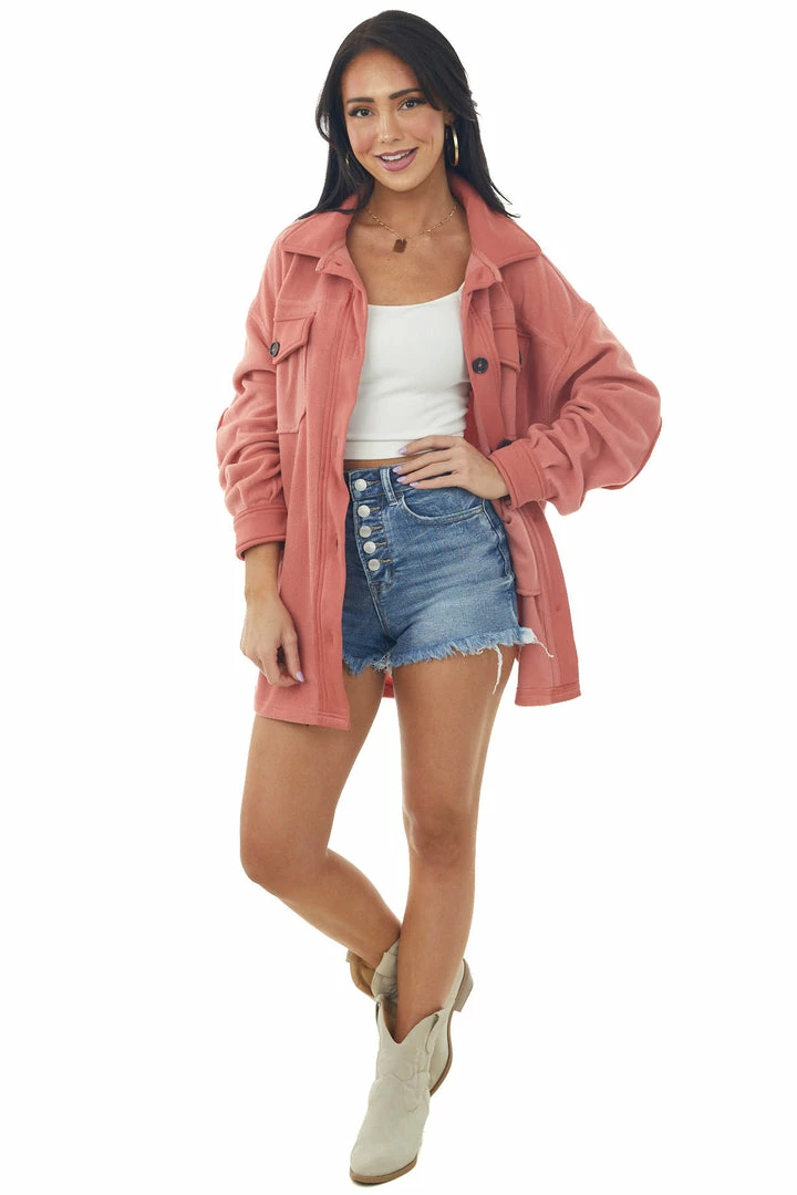 ZENANA Hazy Coral Elbow Patch Soft Fleece Shacket 5 ZENANA Hazy Coral Elbow Patch Soft Fleece Shacket