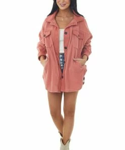 ZENANA Hazy Coral Elbow Patch Soft Fleece Shacket 9 ZENANA Hazy Coral Elbow Patch Soft Fleece Shacket