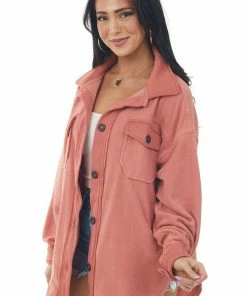 ZENANA Hazy Coral Elbow Patch Soft Fleece Shacket 11 ZENANA Hazy Coral Elbow Patch Soft Fleece Shacket