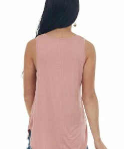 HYFVE Hazy Punch V Neck Curved Hem Knit Tank Top Tops