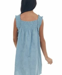 Umgee Dusty Blue Textured Smocked Yoke Sleeveless Dress