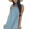 Umgee Dusty Blue Textured Smocked Yoke Sleeveless Dress