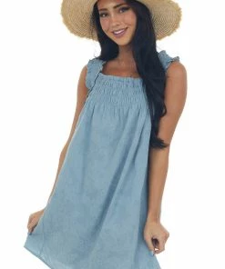 Umgee Dusty Blue Textured Smocked Yoke Sleeveless Dress