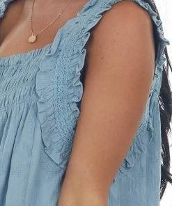 Umgee Dusty Blue Textured Smocked Yoke Sleeveless Dress