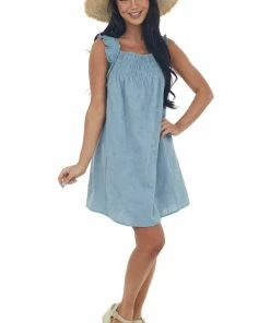 Umgee Dusty Blue Textured Smocked Yoke Sleeveless Dress