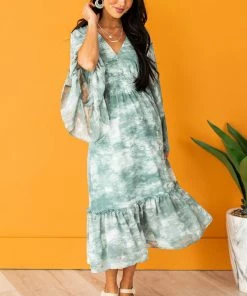 HYFVE Dresses Hazy Teal Tie Dye Flowy Sleeve Midi Dress