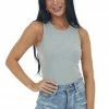 Celeste Design Heather Grey Basic Ribbed Knit Fitted Tank Top