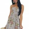 ANGIE Heather Grey Floral Print Smocked Spaghetti Strap Mini Dress