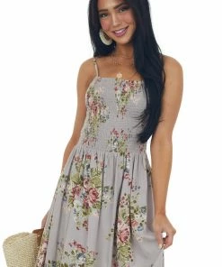 ANGIE Heather Grey Floral Print Smocked Spaghetti Strap Mini Dress