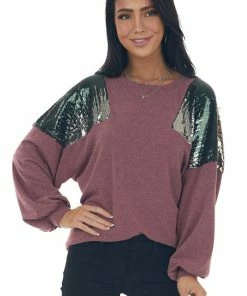 7th Ray Heathered Berry Multicolor Sequin Knit Top