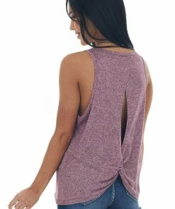HYFVE Heathered Berry Open Twist Back Knit Tank Top