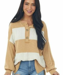Hailey & Co Tops Heathered Copper Striped Henley Style Knit Top
