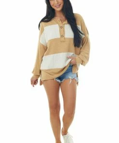 Hailey & Co Tops Heathered Copper Striped Henley Style Knit Top