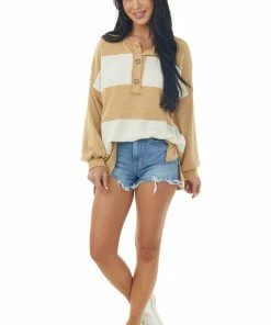 Hailey & Co Tops Heathered Copper Striped Henley Style Knit Top