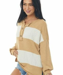 Hailey & Co Tops Heathered Copper Striped Henley Style Knit Top
