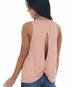 HYFVE Heathered Coral Open Twist Back Knit Tank Top