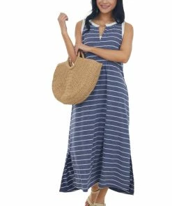 Hailey & Co Heathered Navy Striped Notch Neck Midi Dress Dresses