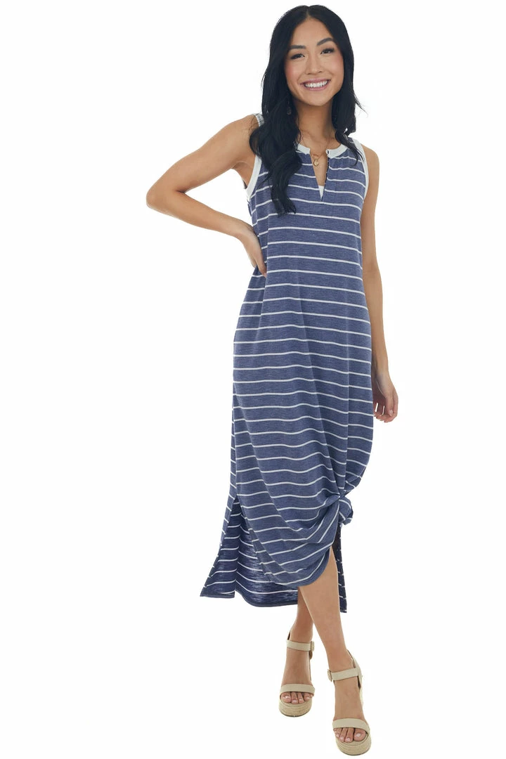 Hailey & Co Heathered Navy Striped Notch Neck Midi Dress Dresses 3 Hailey & Co Heathered Navy Striped Notch Neck Midi Dress Dresses