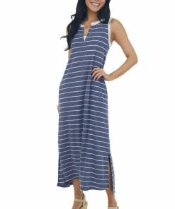 Hailey & Co Heathered Navy Striped Notch Neck Midi Dress Dresses 10 Hailey & Co Heathered Navy Striped Notch Neck Midi Dress Dresses