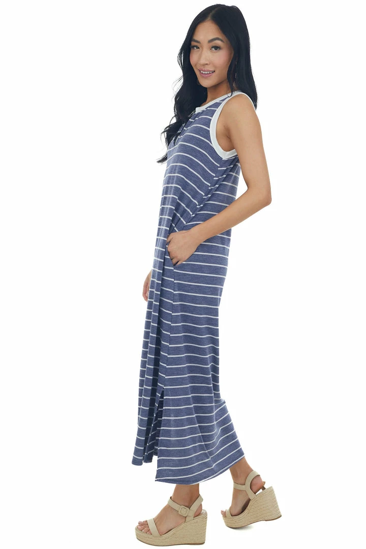 Hailey & Co Heathered Navy Striped Notch Neck Midi Dress Dresses 6 Hailey & Co Heathered Navy Striped Notch Neck Midi Dress Dresses