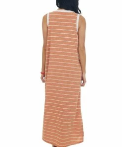 Hailey & Co Dresses Heathered Papaya Striped Notch Neck Midi Dress