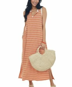 Hailey & Co Dresses Heathered Papaya Striped Notch Neck Midi Dress