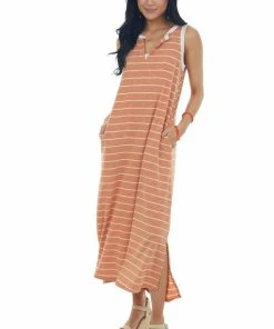 Hailey & Co Dresses Heathered Papaya Striped Notch Neck Midi Dress