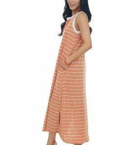 Hailey & Co Dresses Heathered Papaya Striped Notch Neck Midi Dress