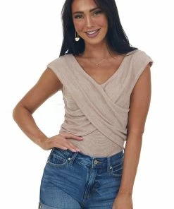 SugarFox Heathered Rose Taupe Criss Cross Overlay Knit Top Tops