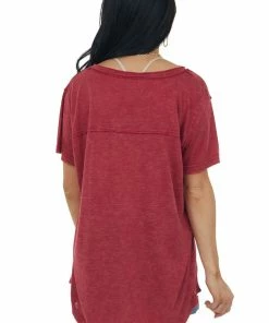 POL Clothing Heathered Ruby Scoop Neck Raw Edge Knit Top Tops