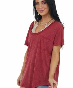 POL Clothing Heathered Ruby Scoop Neck Raw Edge Knit Top Tops