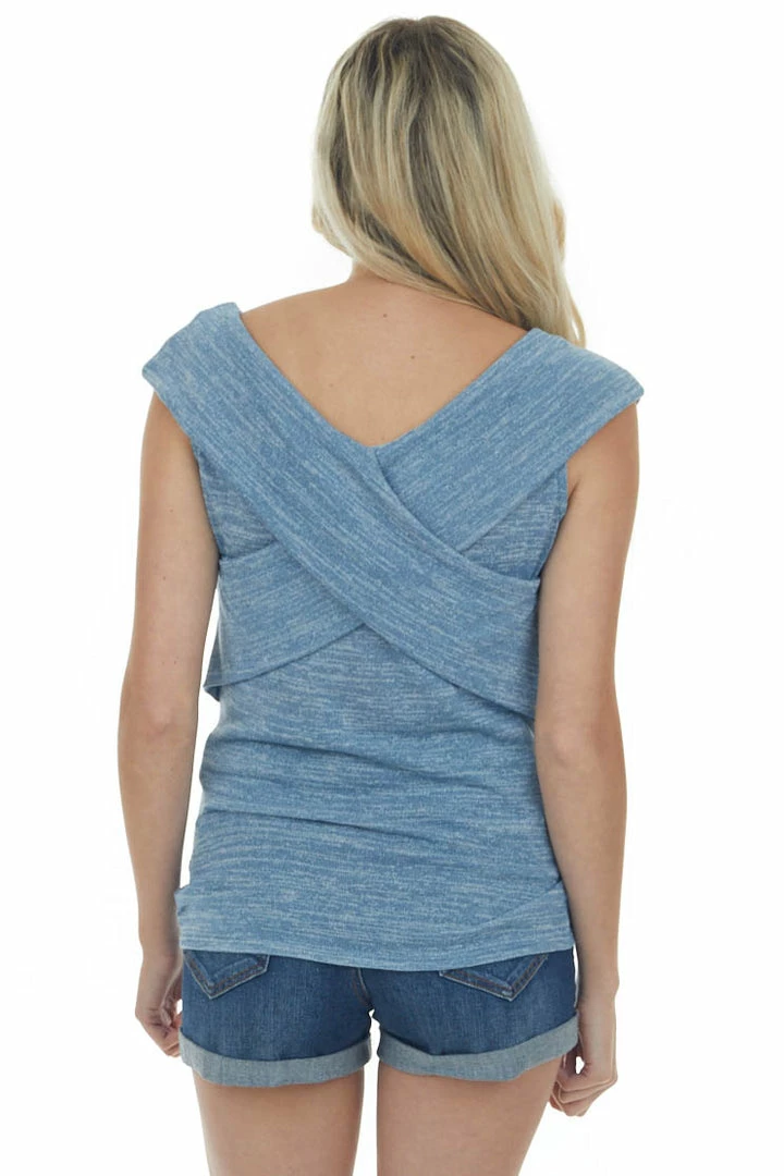 SugarFox Heathered Steel Blue Criss Cross Overlay Knit Top Tops 7 SugarFox Heathered Steel Blue Criss Cross Overlay Knit Top Tops