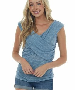 SugarFox Heathered Steel Blue Criss Cross Overlay Knit Top Tops